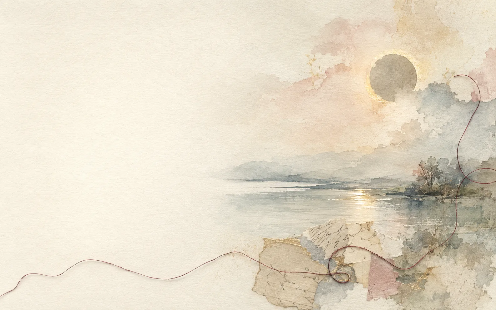 Acuarela luminosa sobre papel con un eclipse, un lago, fragmentos manuscritos y un hilo burdeos